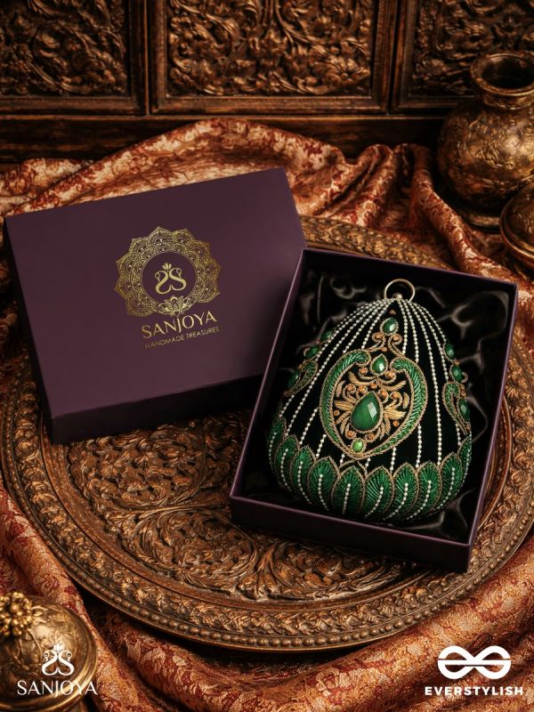 MEHREENA – OVAL DARK GREEN VELVET CLUTCH WITH INTRICATE HANDWORK AND GOLDEN METAL FRAME