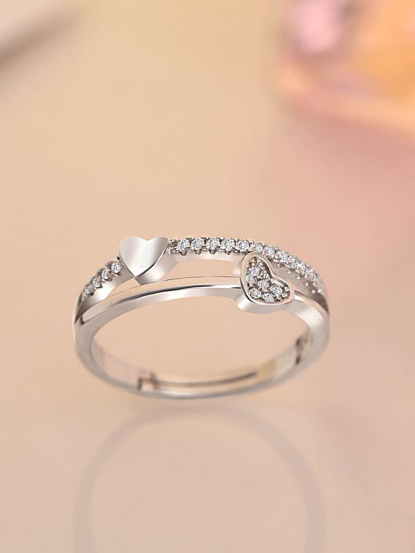 Silver Layered Hearts Adjustable CZ Ring