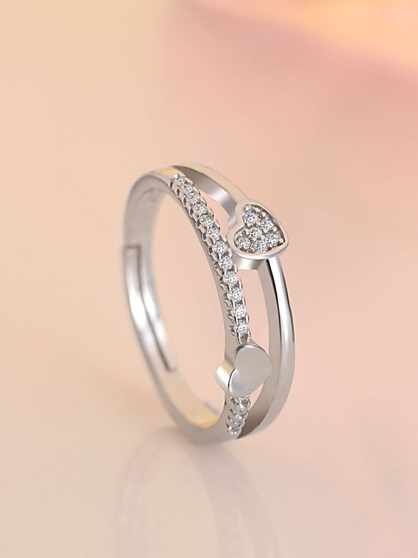 Silver Layered Hearts Adjustable CZ Ring
