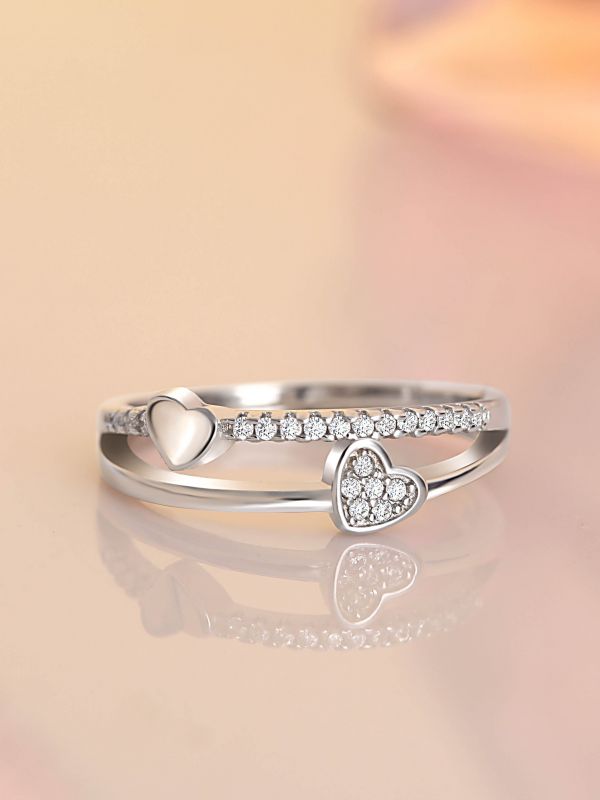 Silver Layered Hearts Adjustable CZ Ring