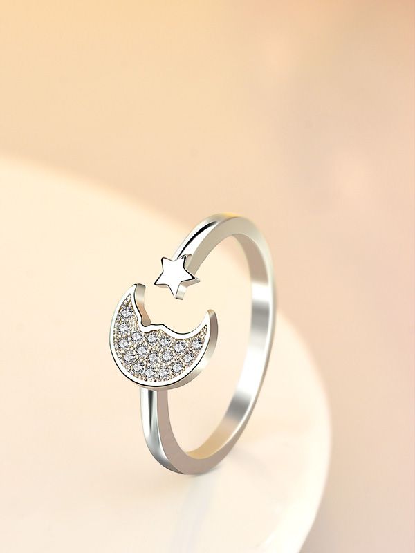 Stars and crescent moon adjustable ring in silver
