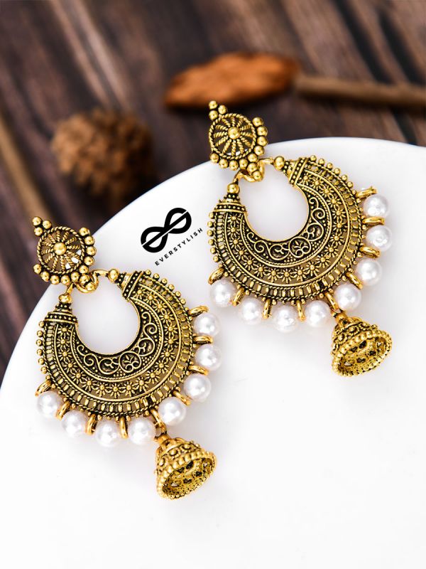 The Golden Motif Pearl Jhumkis - Oxidised Boho Earrings