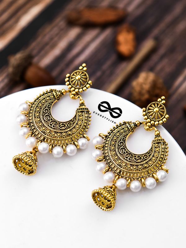 The Golden Motif Pearl Jhumkis - Oxidised Boho Earrings