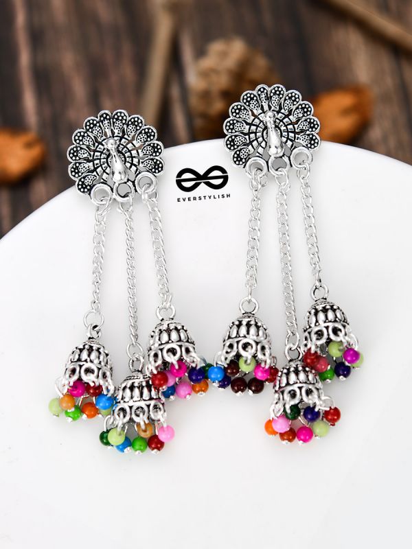 The Fanning Peacock Triple Multicolour Jhumkis - Oxidised Boho Earrings