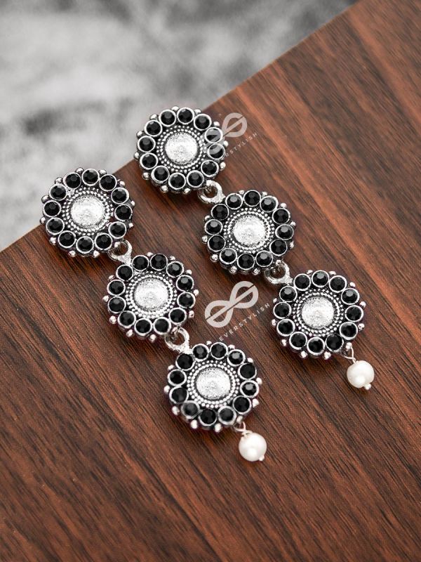 The Layered Boho Danglers (Onyx Black) - Embellished Oxidised Earrings 