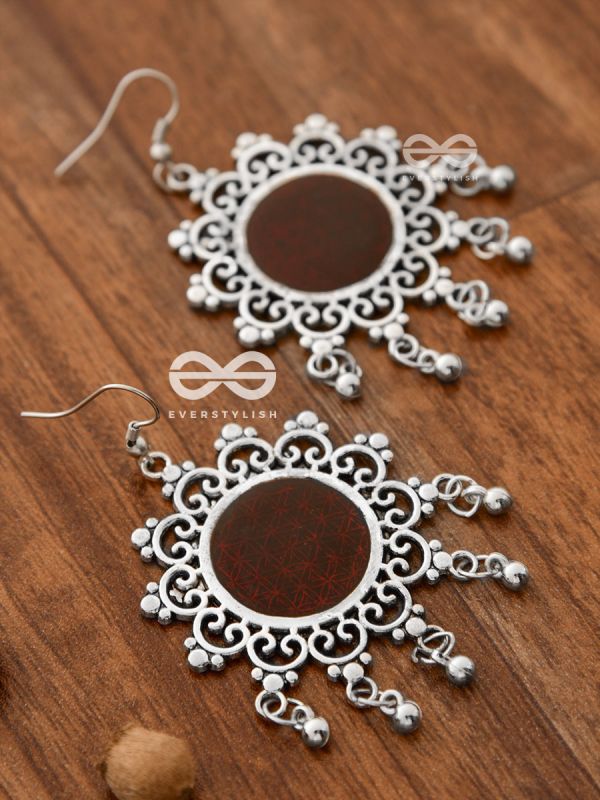 The Meshed Meenakari Sun (Burgundy) - Oxidised Boho Earrings
