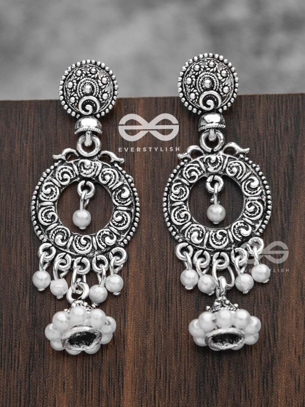 The Layered Pearl Motif Jhumkis - Oxidised Boho Earrings