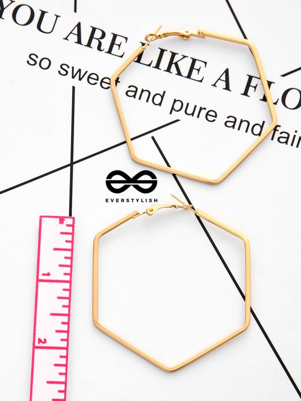 The Hypnotic Hexagonal Hoops (Golden) - Casual Daily-wear Earrings
