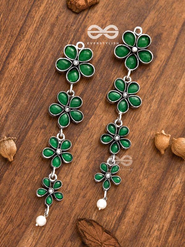 The Four Layered Dangling Floral Studs (Emerald Green) - Embellished Oxidised Collection