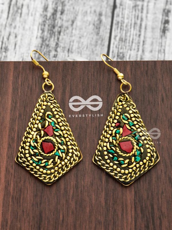 A Handcrafted Intricacy - Turquoise-Red Tribal Style Earrings