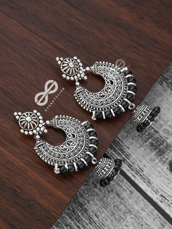 The Motif Moon Pearled Jhumkis(Silver-Black) - Oxidised Boho Earrings