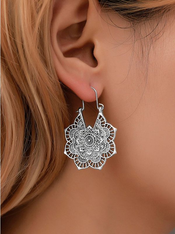 The Intricate Flower Danglers (Silver) - Oxidised Boho Earrings