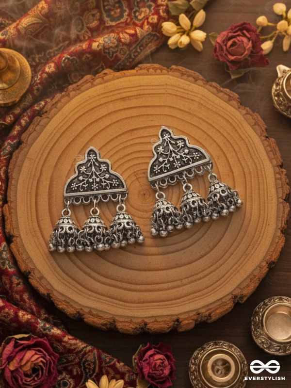 The Boho Delight - Triple Jhumki Studs - Oxidised Boho Earrings