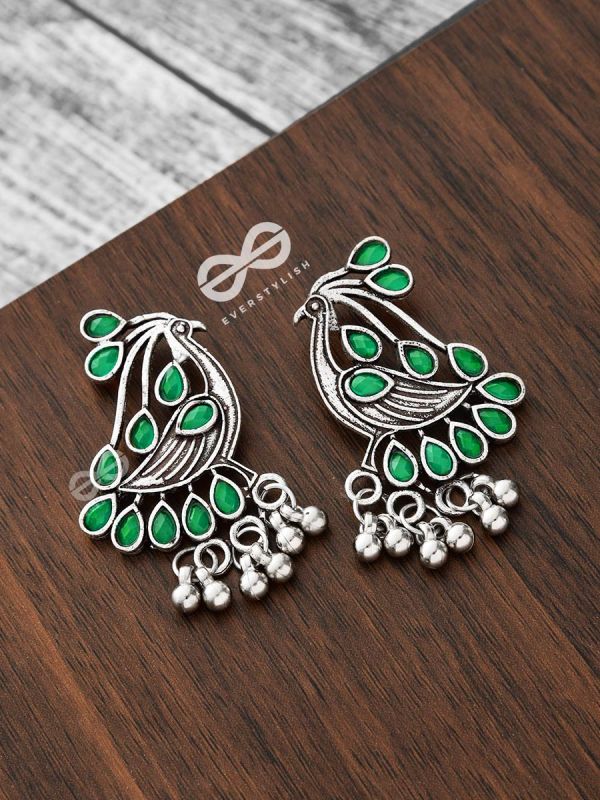 The Vintage Bird Artwork Studs(Emerald Green) - Embellished Oxidised Collection