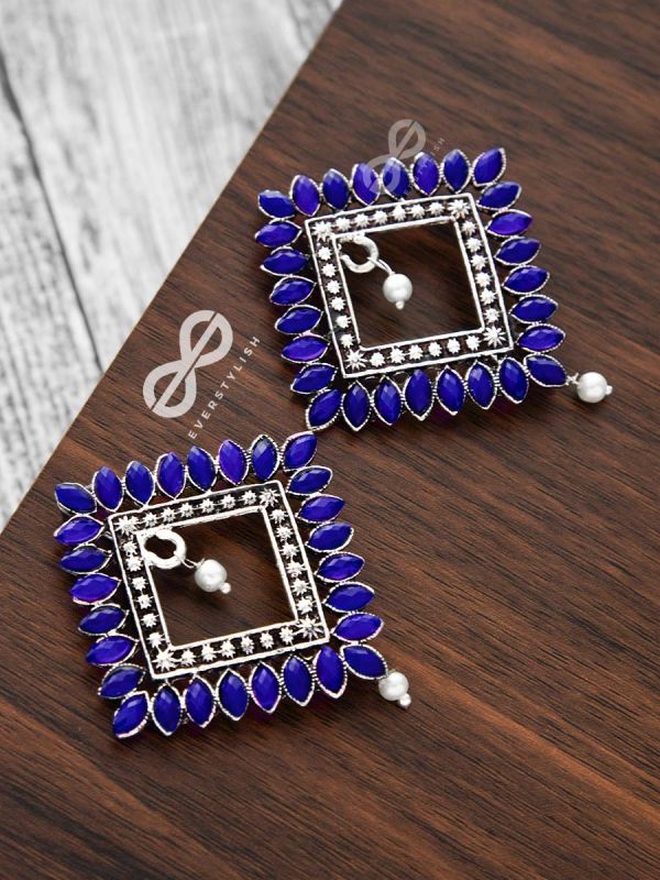 The Elegance Squared Studs (Sapphire Blue)- Embellished Oxidised Collection