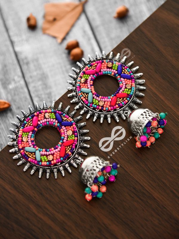 The Rounded Beaded Artwork Jhumkis - The Embroidered Oxidised Collection
