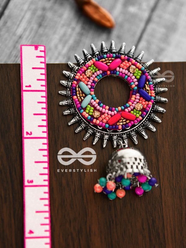 The Rounded Beaded Artwork Jhumkis - The Embroidered Oxidised Collection