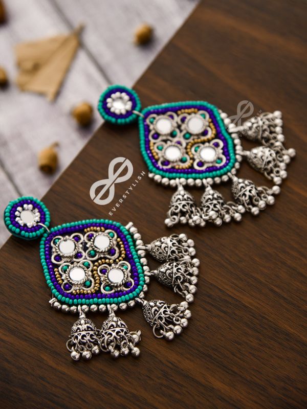 An Intricate Mirror Work Multi Jhumki Embroidered Earrings (Blue)