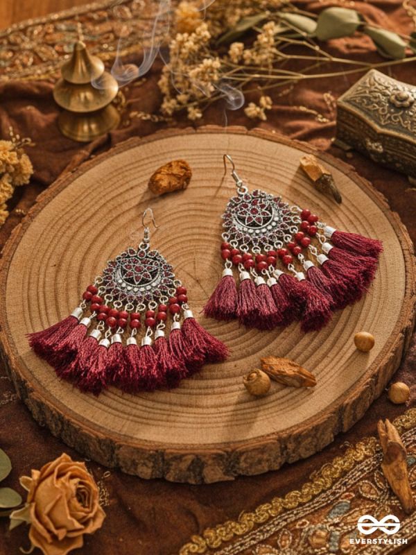 The Enamelled Artwork Tassels (Burgundy) - Oxidised Boho Earrings