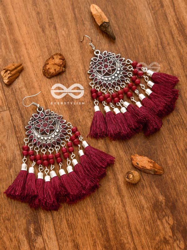 The Enamelled Artwork Tassels (Burgundy) - Oxidised Boho Earrings