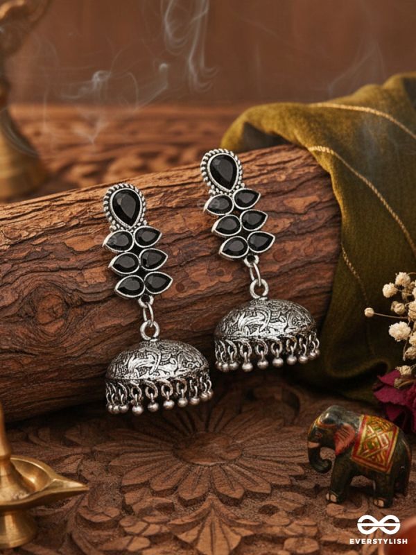 The Woman of Finesse - Embellished Oxidised Jhumkas (Onyx Black)