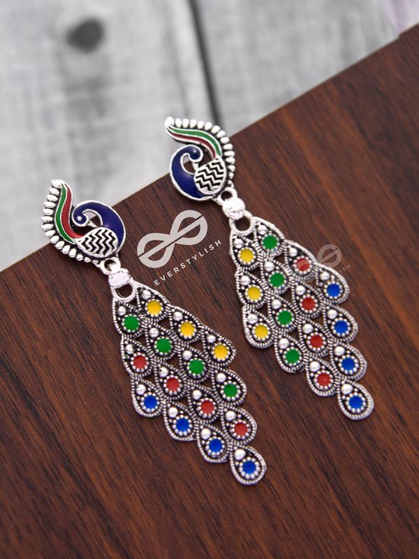 The Meenakari Artwork Peacock Danglers - Embellished Oxidised Collection