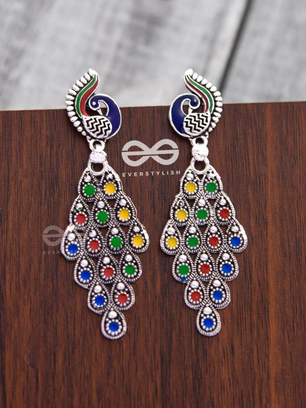 The Meenakari Artwork Peacock Danglers - Embellished Oxidised Collection
