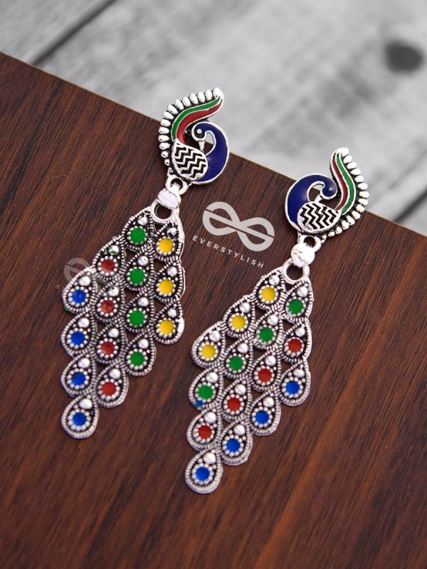 The Meenakari Artwork Peacock Danglers - Embellished Oxidised Collection
