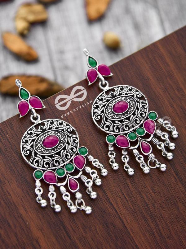 The Playful Elegance - Embellished Oxidised Earrings (Ruby Emerald)