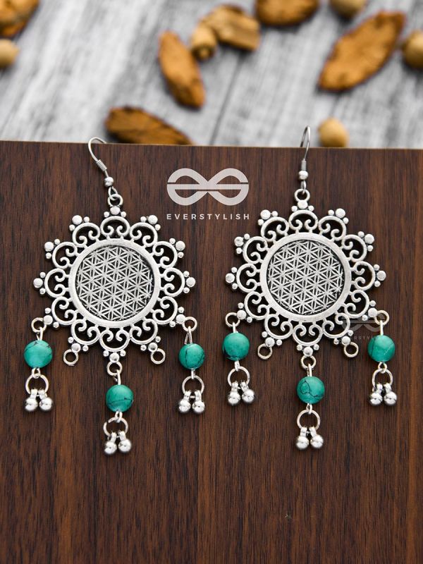The Turquoise Meshed Sun - Oxidised Boho Earrings