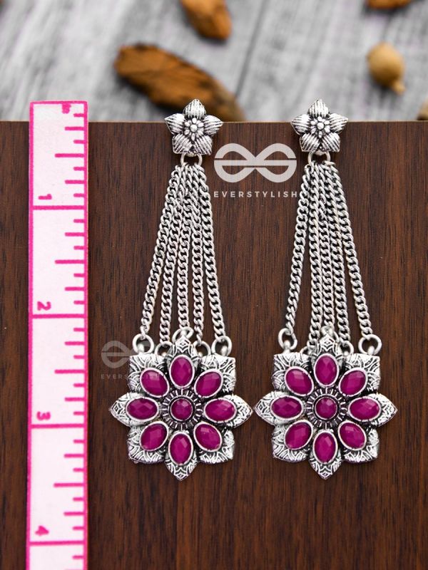 The Floral Finesse - Embellished Oxidised Earrings (Ruby Red)