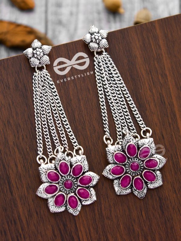 The Floral Finesse - Embellished Oxidised Earrings (Ruby Red)