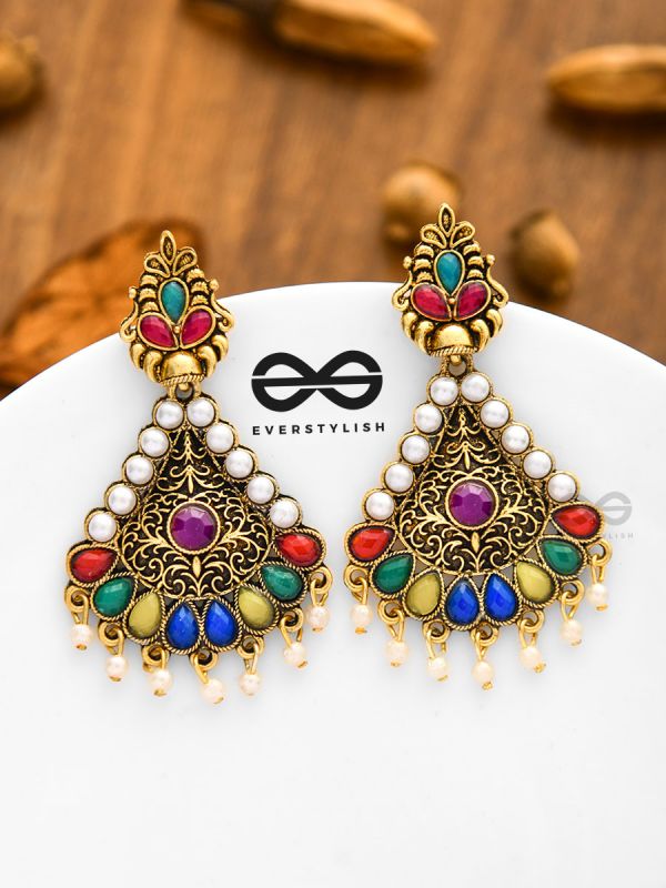 The Embellished Intricate Elegance - Golden Statement Earrings