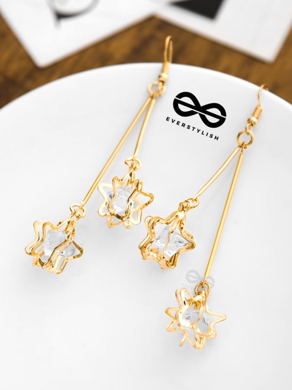 The Double Star Studded Danglers - Golden Casual Earrings