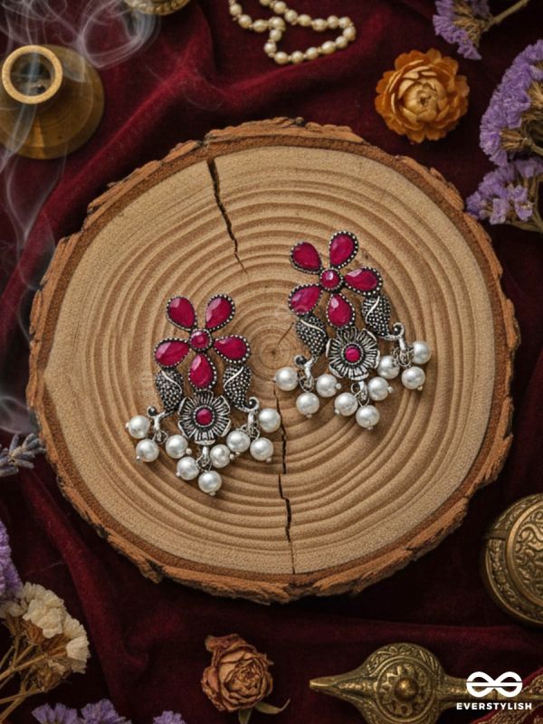 'A Floral Fantasy' - Embellished Oxidised Earrings (Ruby Red)