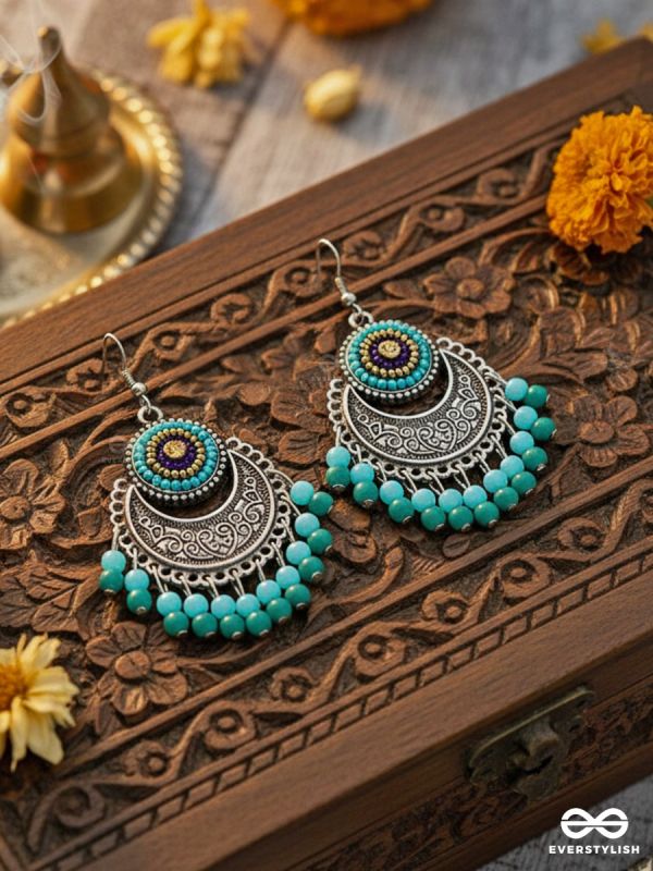 The Elegant Motifs (Teal-Blue) - Embroidered Oxidised Earrings 