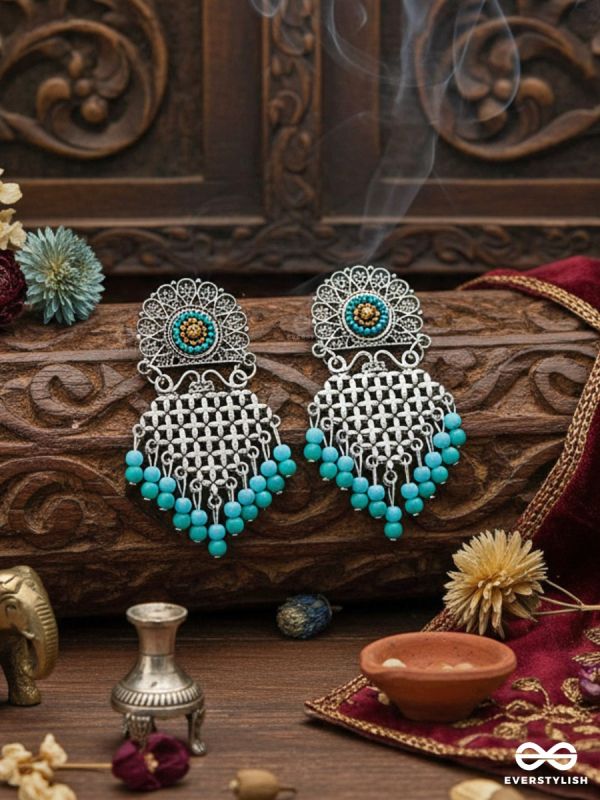The Criss-Cross Embroidered Sun (Blue) - Embroidered Oxidised Earrings