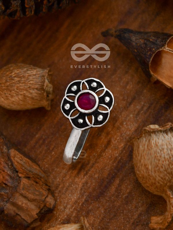 The Flower of Ikigai- Oxidised Non-pierced Nosering(Ruby red)
