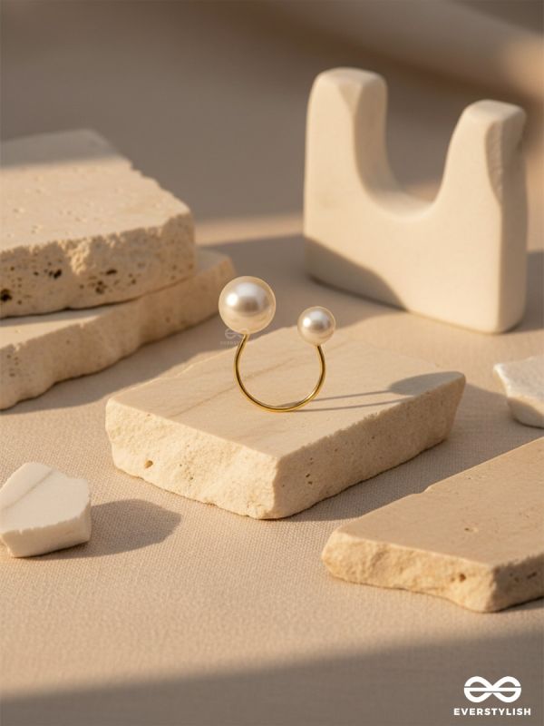 Precarious Pair Of Pearls - Statement Golden Ring