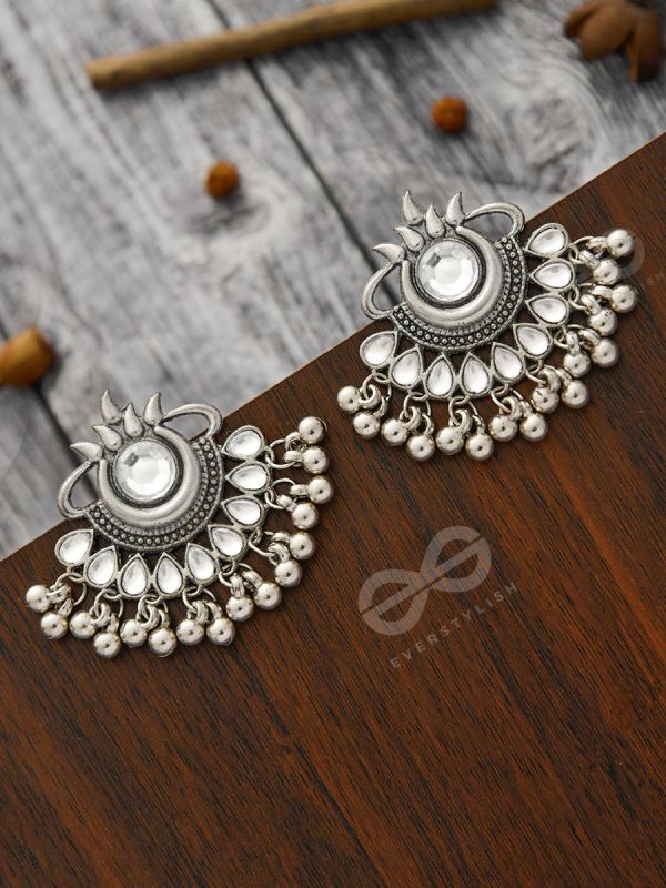 A Bohemian Tale - Embellished Oxidised Earrings (White)