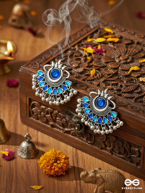 A Bohemian Tale - Embellished Oxidised Earrings (Teal Blue)
