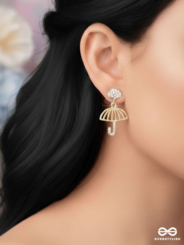 Rainy Day- CZ Stones Studded Golden Umbrella-Shaped Earrings