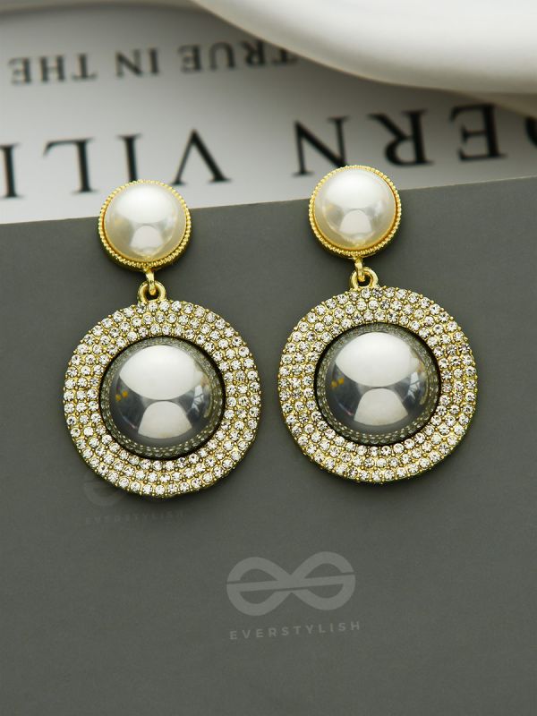 The Ashen Sun- Rhinestones Studded Grey and White Pearl Earrings