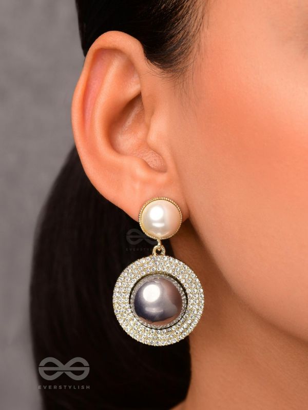 The Ashen Sun- Rhinestones Studded Grey and White Pearl Earrings