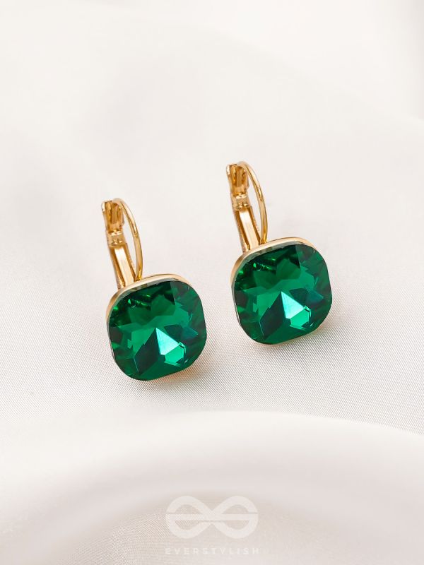 The Ice Cube- Crystal Golden Earrings (Juniper Green)