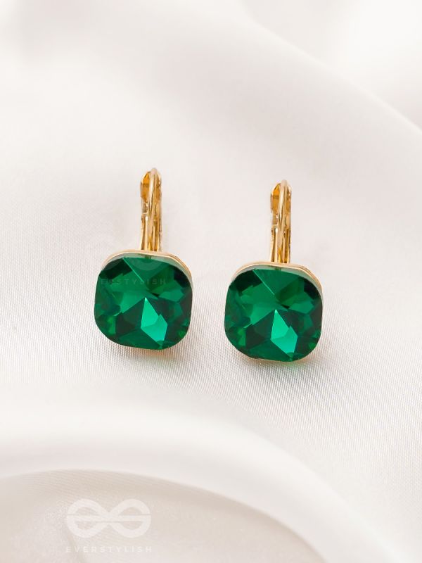 The Ice Cube- Crystal Golden Earrings (Juniper Green)
