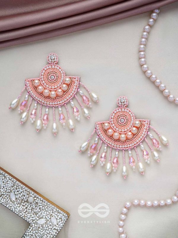 SURAMYA- THE PICTURESQUE CRESCENT- SEQUINS, GLASS BEADS AND STONE EMBROIDERED EARRINGS (SALMON PINK)