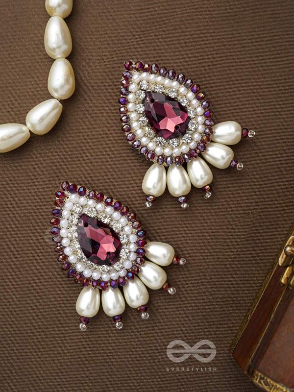 LAVANYA- THE GRACEFUL ONE- STONE, PEARLS, AND GLASS BEADS EMBROIDERED EARRINGS (ROSEWOOD RED)