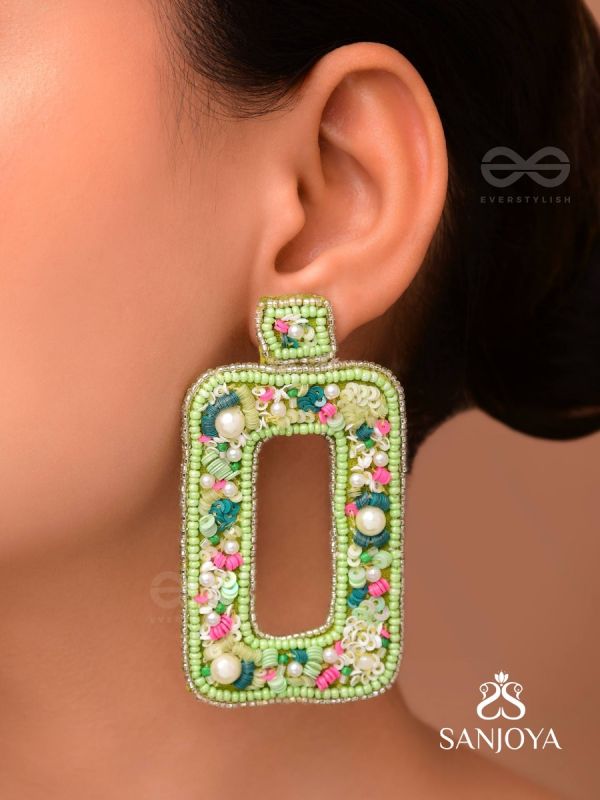 Aardratva - The Verdant - Sequins, Pearls And Beads Hand Embroidered Earrings (Lime Green)