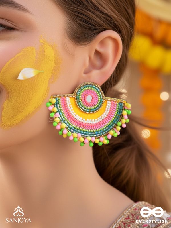 AARUNYA- THE FIRST SUNRAY- BEADS, SEQUINS AND MIRROR EMBROIDERED EARRINGS (MULTICOLOURED)